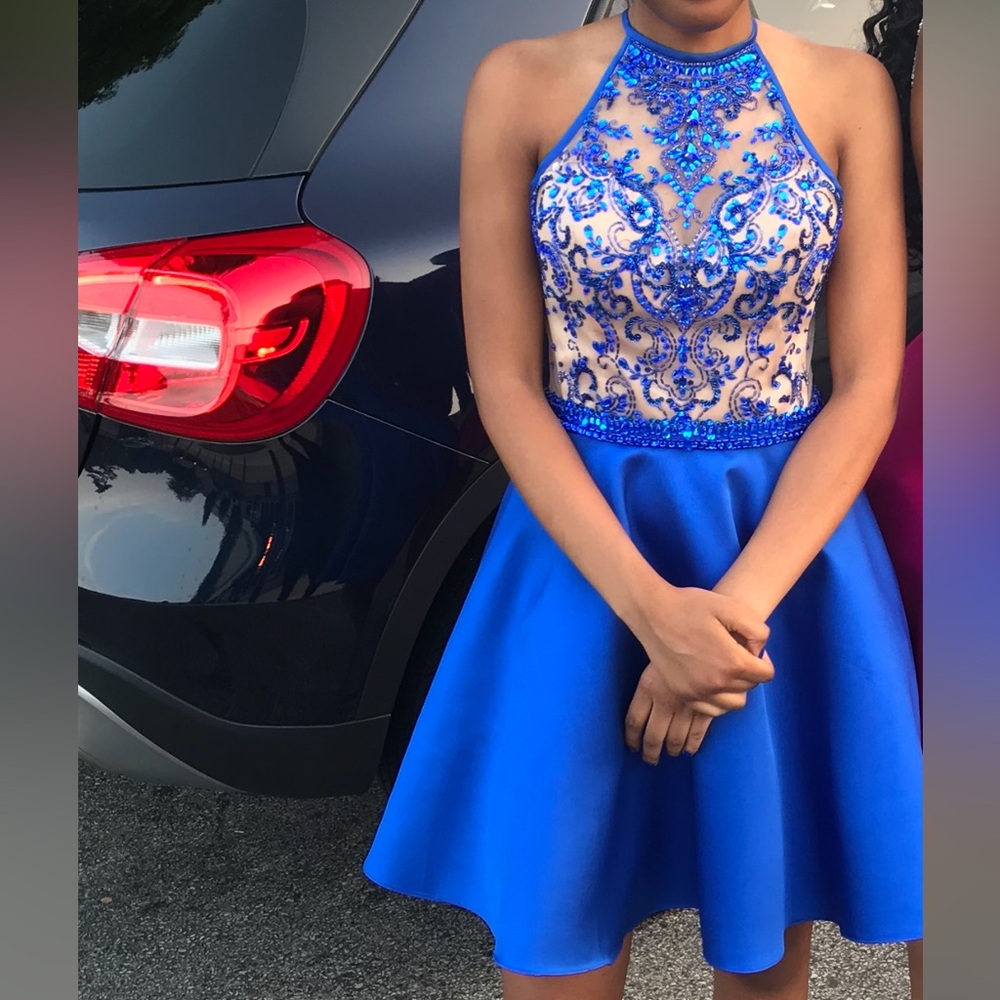 Blue Embroidered Halter Dress